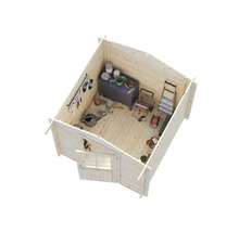 Vue intérieure d'une cabane de jardin en bois avec des outils et du matériel de jardinage