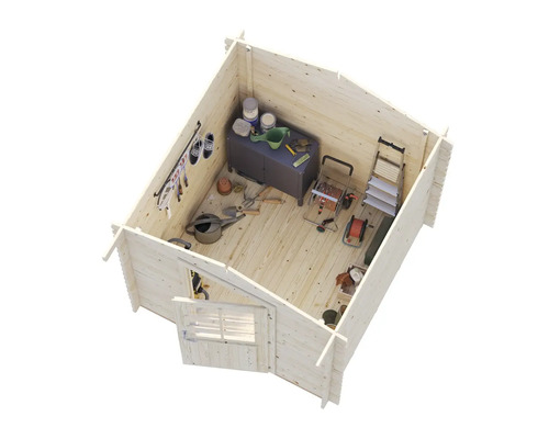 Vue intérieure d'une cabane de jardin en bois avec des outils et du matériel de jardinage