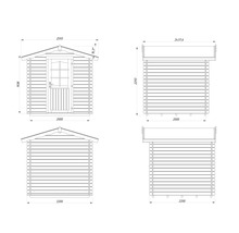 Dessin technique d'un abri de jardin avec dimensions.