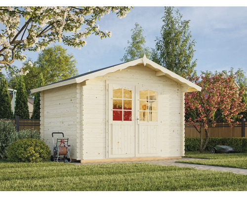 Gartenhaus Palmako Vivian 6,9 m² 363 x 290 cm Tauchgrundiert Holzgartenhaus mit Fenstern, Gartenschlauchwagen und Rasenmähroboter in einem Garten