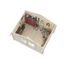 Vue en coupe d'un abri de jardin avec des outils et du matériel de jardinage