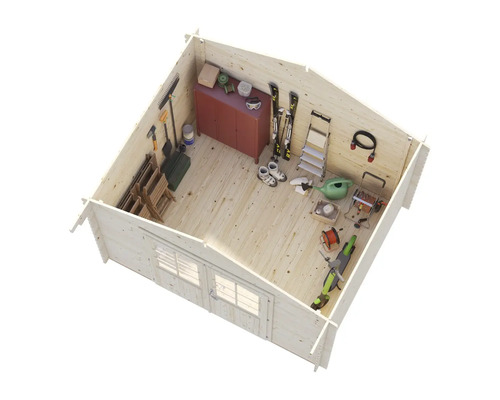 Vue en coupe d'un abri de jardin avec des outils et du matériel de jardinage