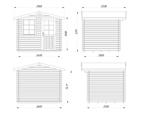 Dessin technique d'un abri de jardin avec dimensions