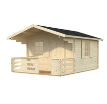 Abri de jardin en bois avec terrasse et fenêtres