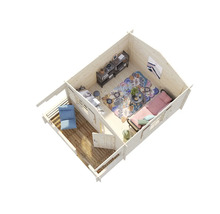 Vue intérieure d'une maison en bois avec meubles et décoration