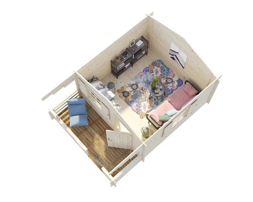 Vue intérieure d'une maison en bois avec meubles et décoration