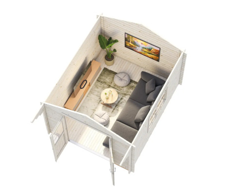 Vue intérieure d'un abri de jardin avec coin salon, comprenant un canapé, une table et une télévision