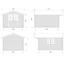 Dessin technique d'une cabane de jardin avec dimensions