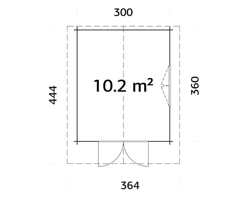 Plan d'un abri de jardin mesurant 300 x 360 x 444 x 364 cm et d'une superficie de 10.2 mètres carrés.