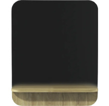 Miroir de salle de bain avec étagère en bois et coins arrondis.