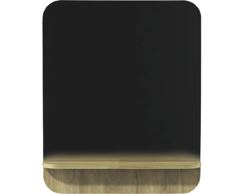 Miroir de salle de bain avec étagère en bois et coins arrondis.