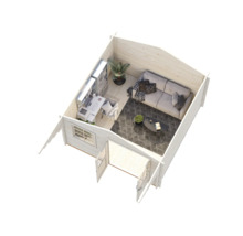 Innenansicht eines Gartenhauses mit Büro und Wohnbereich