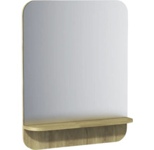 Miroir mural rectangulaire avec coins arrondis et une étagère intégrée en bois sur la partie inférieure.