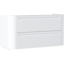 Weisser Waschbeckenunterschrank mit zwei Schubladen und einer abgerundeten Seite.