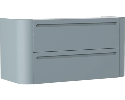 Waschtischunterschrank mit zwei Schubladen und abgerundeter Seite in Blau.