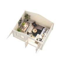 Vue intérieure d'un chalet de jardin avec des meubles et des décorations créant une atmosphère chaleureuse