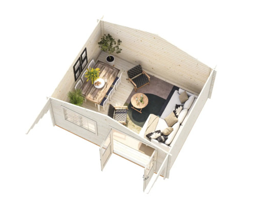 Vue intérieure d'un chalet de jardin avec des meubles et des décorations créant une atmosphère chaleureuse