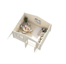 Vue intérieure d'une maison en bois avec table à manger, canapé et fenêtres