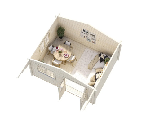 Vue intérieure d'une maison en bois avec table à manger, canapé et fenêtres