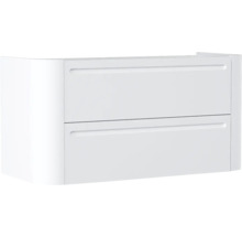 Weißer Waschbeckenunterschrank mit zwei Schubladen, abgerundeter linker Seite und horizontalen Griffmulden.