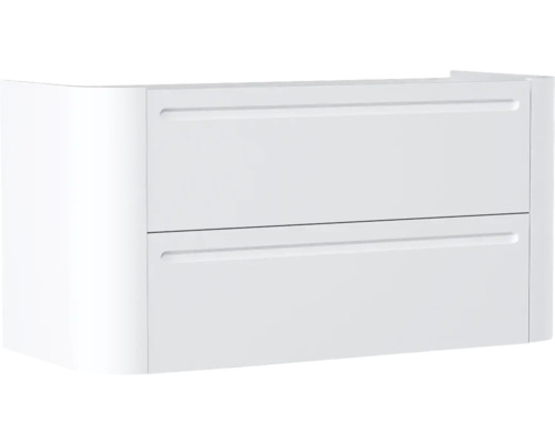 Weißer Waschbeckenunterschrank mit zwei Schubladen, abgerundeter linker Seite und horizontalen Griffmulden.