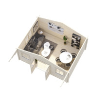 Vue intérieure d'une cabane de jardin avec salon, salle à manger et étagères