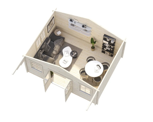 Vue intérieure d'une cabane de jardin avec salon, salle à manger et étagères