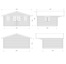 Dessin technique d'une cabane de jardin avec dimensions.