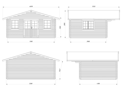 Dessin technique d'une cabane de jardin avec dimensions.