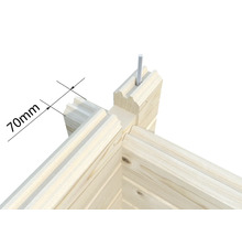 Vue détaillée d'un angle en bois avec une indication de taille de 70 mm et une tige filetée.