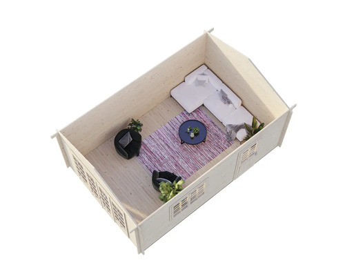 Vue intérieure d'une cabane de jardin en bois avec fenêtres, coin salon et tapis