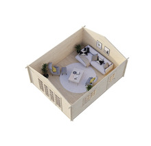 Vue intérieure d'une cabane de jardin en bois avec des meubles