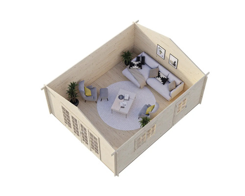 Vue intérieure d'une cabane de jardin en bois avec des meubles