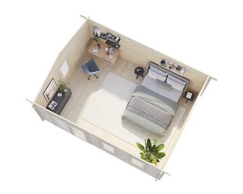 Vue intérieure d'un abri de jardin avec chambre et espace de travail