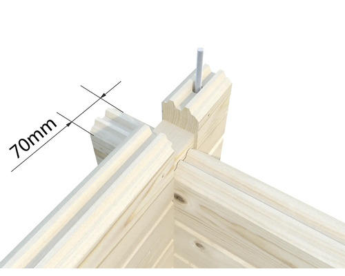 Detailansicht einer Blockbohlenecke mit einer Maßangabe von 70 mm und einer Gewindestange.