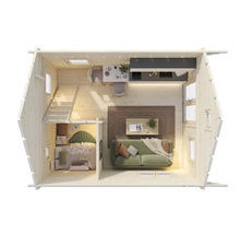 Innenansicht eines Holzhauses mit Wohnbereich, Küche und Schlafbereich auf zwei Ebenen