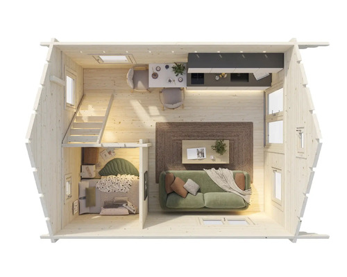 Innenansicht eines Holzhauses mit Wohnbereich, Küche und Schlafbereich auf zwei Ebenen