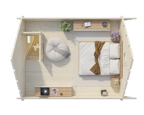 Innenansicht eines Holzhauses mit Schlafzimmer, Sitzecke und Treppe