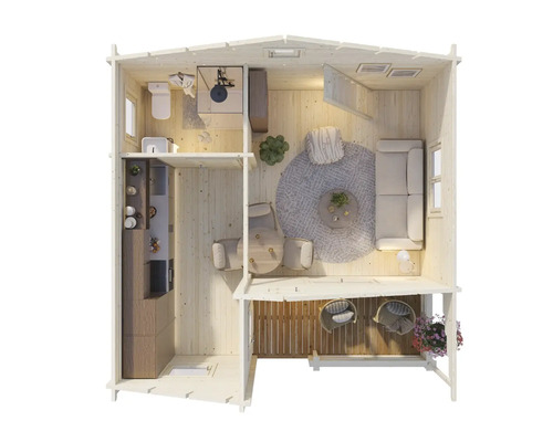 Vue intérieure d'une maison en bois avec salle de bain, cuisine, salon et terrasse