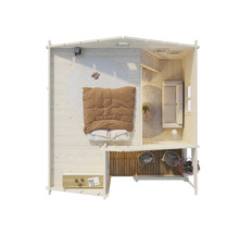 Vue de dessus d'une maison en bois avec chambre, salon et balcon