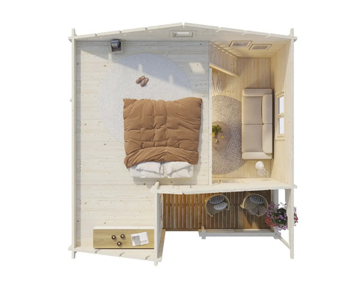 Vue de dessus d'une maison en bois avec chambre, salon et balcon