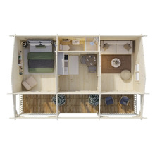 Plan d'une maison en bois avec chambre, salle de bain, cuisine, salle à manger, salon et véranda