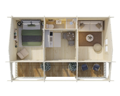 Plan d'une maison en bois avec chambre, salle de bain, cuisine, salle à manger, salon et véranda