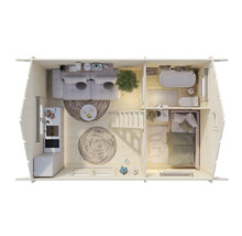 Plan d'une maison en bois avec salon, cuisine, salle de bains et chambre à coucher