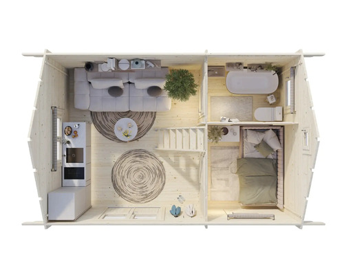 Plan d'une maison en bois avec salon, cuisine, salle de bains et chambre à coucher