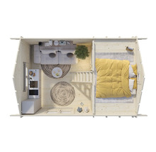 Vue de dessus d'une maison en bois avec coin salon, cuisine et chambre à coucher