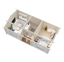 Aufsicht eines Holzhauses mit Wohnzimmer, Bad und Schlafzimmer