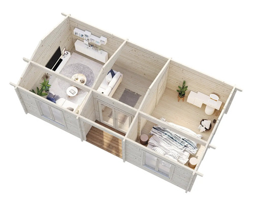 Aufsicht eines Holzhauses mit Wohnzimmer, Bad und Schlafzimmer