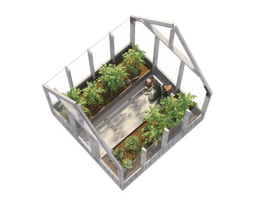 Gewächshaus mit Pflanzen und Gartenzubehör