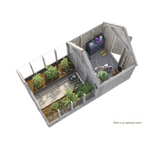 Ansicht von oben: Gewächshaus mit Pflanzen und Geräteschuppen für Gartengeräte